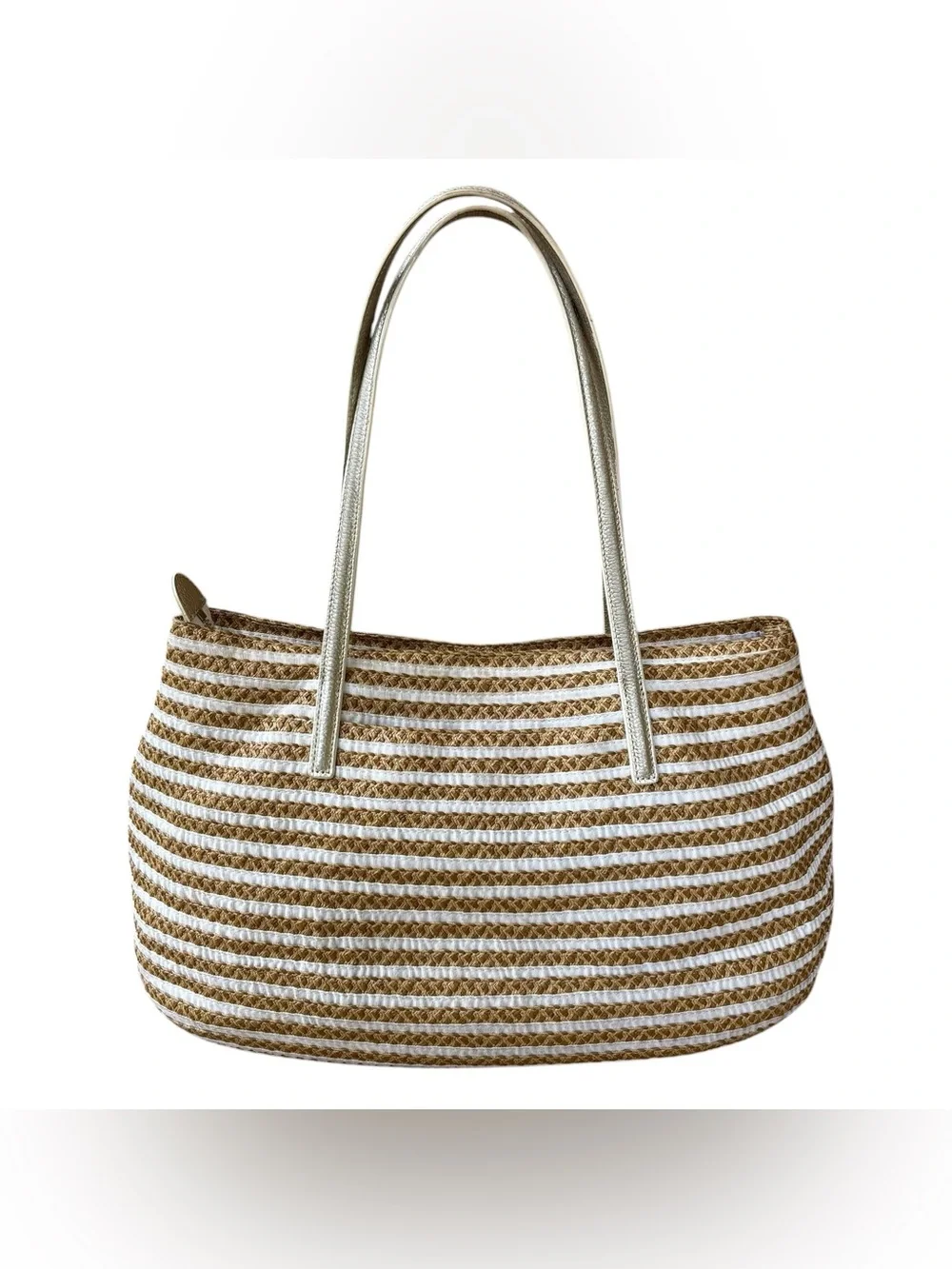 ERIC JAVITS Isla “Squishee” Straw & White Grosgrain Tote w/ Gold Leather Straps